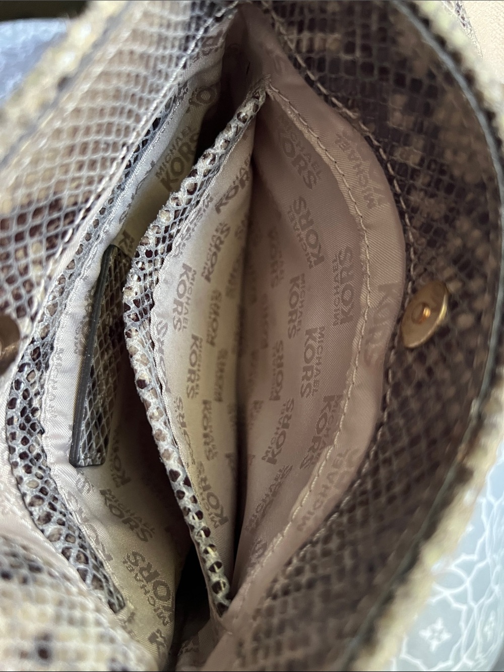 Michael Kors Taupe Snake-Print Crossbody with Gold MK Logo - Picture 3 of 4